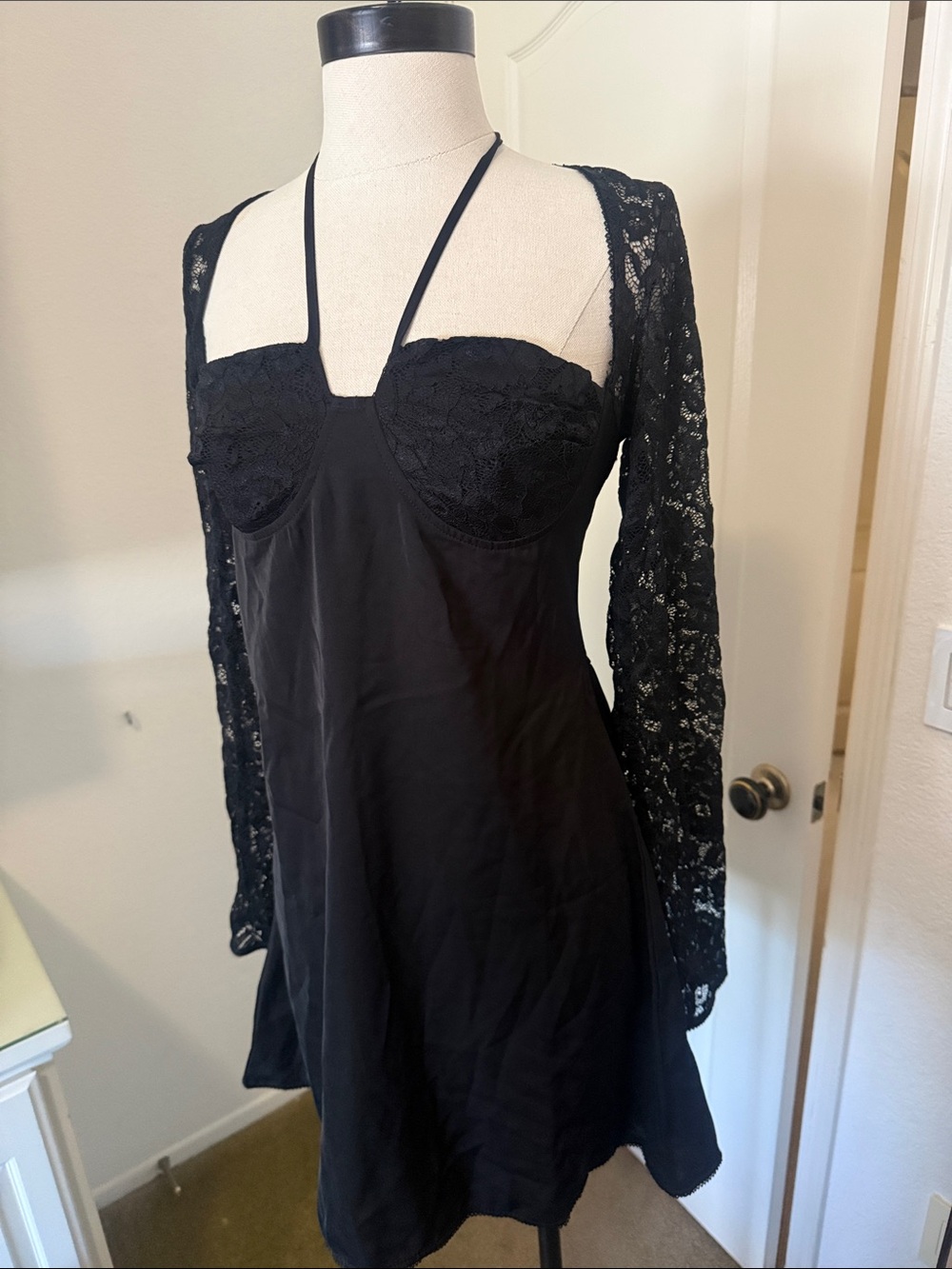 Black Lace Sleeve Halter Mini Dress